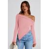 imagePRETTYGARDEN Womens Spring Long Sleeve Y2K Crop Top Trendy Off Shoulder Asymmetrical Fitted Knit Tee Shirts Going Out TopsPink