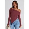 imagePRETTYGARDEN Womens Spring Long Sleeve Y2K Crop Top Trendy Off Shoulder Asymmetrical Fitted Knit Tee Shirts Going Out TopsWine Red
