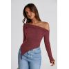 imagePRETTYGARDEN Womens Spring Long Sleeve Y2K Crop Top Trendy Off Shoulder Asymmetrical Fitted Knit Tee Shirts Going Out TopsWine Red