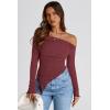 imagePRETTYGARDEN Womens Spring Long Sleeve Y2K Crop Top Trendy Off Shoulder Asymmetrical Fitted Knit Tee Shirts Going Out TopsWine Red