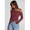 imagePRETTYGARDEN Womens Spring Long Sleeve Y2K Crop Top Trendy Off Shoulder Asymmetrical Fitted Knit Tee Shirts Going Out TopsWine Red