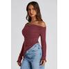 imagePRETTYGARDEN Womens Spring Long Sleeve Y2K Crop Top Trendy Off Shoulder Asymmetrical Fitted Knit Tee Shirts Going Out TopsWine Red