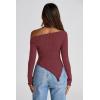 imagePRETTYGARDEN Womens Spring Long Sleeve Y2K Crop Top Trendy Off Shoulder Asymmetrical Fitted Knit Tee Shirts Going Out TopsWine Red