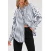 imagePRETTYGARDEN Womens Striped Button Down Shirt Spring 2025 Oversized Collared Long Sleeve Office Work Blouses TopsNavy