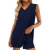 imagePRETTYGARDEN Womens 2025 Summer 2 Piece Lounge Sets V Neck Long Tank Tops High Waisted Shorts Loose Fit Matching OutfitsNavy