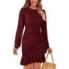 imagePRETTYGARDEN Womens Long Sleeve Ruffle Bodycon Short Dress Fall Ruched Fitted Cocktail Spring Mini DressesWine Red