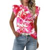 imagePRETTYGARDEN Womens Ruffle Short Sleeve Summer Tops 2025 Trendy Floral Trim Neck Casual Dressy Chiffon Boho Blouses ShirtsWhite Red Flower