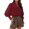 imagePRETTYGARDEN Womens Spring Button Down Shirts Dressy Casual Fall Long Puff Sleeve Eyelet Loose Fit Collared Blouse TopWine Red