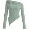 imagePRETTYGARDEN Womens Spring Long Sleeve Y2K Crop Top Trendy Off Shoulder Asymmetrical Fitted Knit Tee Shirts Going Out TopsBean Green