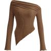 imagePRETTYGARDEN Womens Spring Long Sleeve Y2K Crop Top Trendy Off Shoulder Asymmetrical Fitted Knit Tee Shirts Going Out TopsBrown