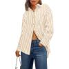 imagePRETTYGARDEN Womens Striped Button Down Shirt Spring 2025 Oversized Collared Long Sleeve Office Work Blouses TopsApricot