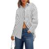 imagePRETTYGARDEN Womens Striped Button Down Shirt Spring 2025 Oversized Collared Long Sleeve Office Work Blouses TopsGrey