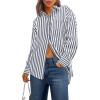 imagePRETTYGARDEN Womens Striped Button Down Shirt Spring 2025 Oversized Collared Long Sleeve Office Work Blouses TopsNavy