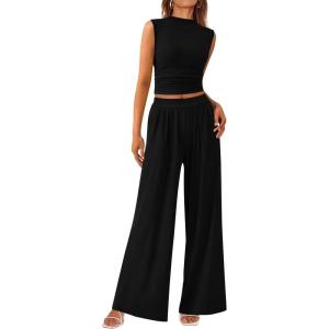imagePRETTYGARDEN 2 Piece Sets for Women Summer 2025 Airport Travel Outfits Crop Tank Tops Wide Leg Pants Matching Lounge SetsBlack
