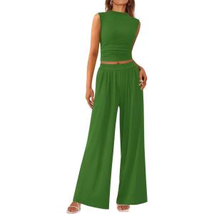 imagePRETTYGARDEN 2 Piece Sets for Women Summer 2025 Airport Travel Outfits Crop Tank Tops Wide Leg Pants Matching Lounge SetsGreen