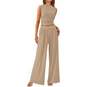 imagePRETTYGARDEN 2 Piece Sets for Women Summer 2025 Airport Travel Outfits Crop Tank Tops Wide Leg Pants Matching Lounge SetsKhaki