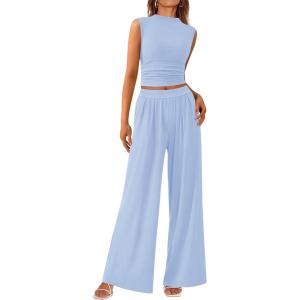 imagePRETTYGARDEN 2 Piece Sets for Women Summer 2025 Airport Travel Outfits Crop Tank Tops Wide Leg Pants Matching Lounge SetsLight Blue