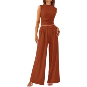 imagePRETTYGARDEN 2 Piece Sets for Women Summer 2025 Airport Travel Outfits Crop Tank Tops Wide Leg Pants Matching Lounge SetsOrange Red