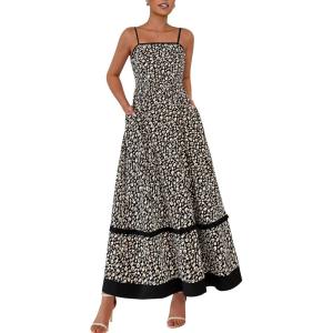 imagePRETTYGARDEN Summer Spaghetti Strap Dresses for Women Flowy Smocked Sundresses Casual Boho Sleeveless Beach Maxi Long DressBlack