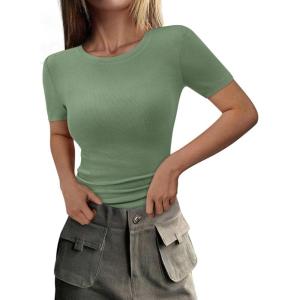 imagePRETTYGARDEN Women 2025 Summer Crew Neck Short Sleeve Tops Ribbed Knit Slim Fit Fashion Basic Tee Shirts Casual Going Out TopFruit Green