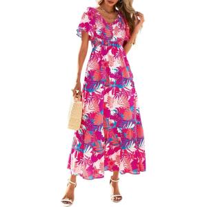 imagePRETTYGARDEN Women Floral Boho Maxi Dresses Summer Short Sleeve V Neck Smocked A Line Long Flowy Beach Vacation DressPink Floral