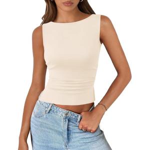 imagePRETTYGARDEN Women Going Out Tops Summer 2025 Cute Split Hem Ruched Sleeveless Shirt Spring Fashion Y2K Ribbed Tank TopApricot