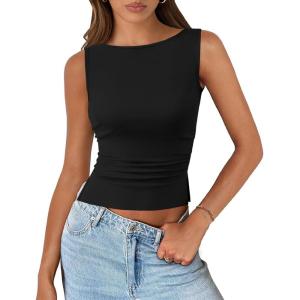 imagePRETTYGARDEN Women Going Out Tops Summer 2025 Cute Split Hem Ruched Sleeveless Shirt Spring Fashion Y2K Ribbed Tank TopBlack
