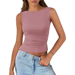 imagePRETTYGARDEN Women Going Out Tops Summer 2025 Cute Split Hem Ruched Sleeveless Shirt Spring Fashion Y2K Ribbed Tank TopGrey Pink