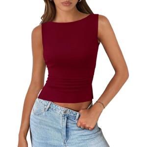 imagePRETTYGARDEN Women Going Out Tops Summer 2025 Cute Split Hem Ruched Sleeveless Shirt Spring Fashion Y2K Ribbed Tank TopWine Red