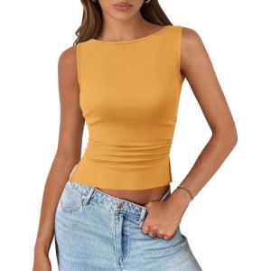 imagePRETTYGARDEN Women Going Out Tops Summer 2025 Cute Split Hem Ruched Sleeveless Shirt Spring Fashion Y2K Ribbed Tank TopYellow