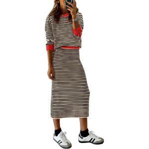 imagePRETTYGARDEN Womens 2 Piece Sets Lounge Striped Sweater Fall Casual Long Sleeve Knit Midi Skirts Matching Travel OutfitsBeige Black Stripe