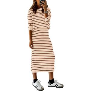 imagePRETTYGARDEN Womens 2 Piece Sets Lounge Striped Sweater Fall Casual Long Sleeve Knit Midi Skirts Matching Travel OutfitsCaramel Stripe