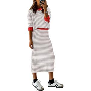 imagePRETTYGARDEN Womens 2 Piece Sets Lounge Striped Sweater Fall Casual Long Sleeve Knit Midi Skirts Matching Travel OutfitsLight Grey Stripe