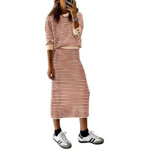 imagePRETTYGARDEN Womens 2 Piece Sets Lounge Striped Sweater Fall Casual Long Sleeve Knit Midi Skirts Matching Travel OutfitsOrange Stripe