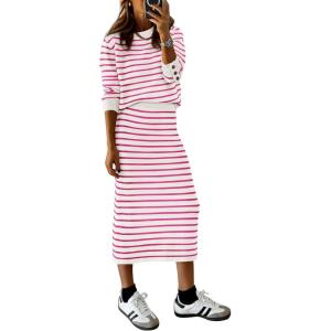 imagePRETTYGARDEN Womens 2 Piece Sets Lounge Striped Sweater Fall Casual Long Sleeve Knit Midi Skirts Matching Travel OutfitsRose Red Stripe