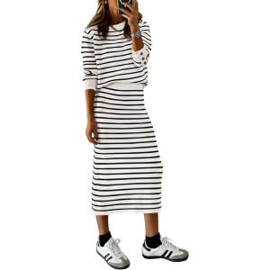 imagePRETTYGARDEN Womens 2 Piece Sets Lounge Striped Sweater Fall Casual Long Sleeve Knit Midi Skirts Matching Travel OutfitsWhite Stripe