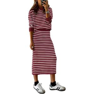 imagePRETTYGARDEN Womens 2 Piece Sets Lounge Striped Sweater Fall Casual Long Sleeve Knit Midi Skirts Matching Travel OutfitsWine Red White Stripe