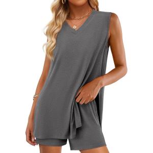 imagePRETTYGARDEN Womens 2025 Summer 2 Piece Lounge Sets V Neck Long Tank Tops High Waisted Shorts Loose Fit Matching OutfitsDark Grey