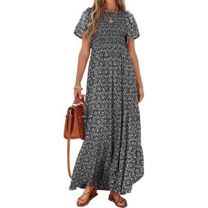 imagePRETTYGARDEN Womens 2025 Summer Casual Flutter Short Sleeve Boho Floral Maxi Dress Crew Neck Smocked Tiered Long DressesBlack