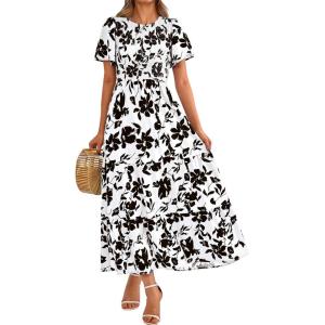 imagePRETTYGARDEN Womens 2025 Summer Casual Flutter Short Sleeve Boho Floral Maxi Dress Crew Neck Smocked Tiered Long DressesBlack Flower