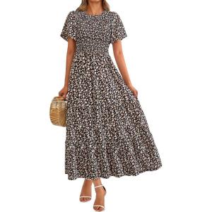 imagePRETTYGARDEN Womens 2025 Summer Casual Flutter Short Sleeve Boho Floral Maxi Dress Crew Neck Smocked Tiered Long DressesBlack Leopard