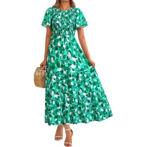 imagePRETTYGARDEN Womens 2025 Summer Casual Flutter Short Sleeve Boho Floral Maxi Dress Crew Neck Smocked Tiered Long DressesFloral Green