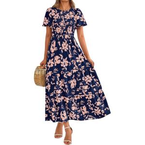 imagePRETTYGARDEN Womens 2025 Summer Casual Flutter Short Sleeve Boho Floral Maxi Dress Crew Neck Smocked Tiered Long DressesFloral Navy Apricot