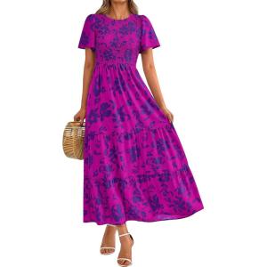 imagePRETTYGARDEN Womens 2025 Summer Casual Flutter Short Sleeve Boho Floral Maxi Dress Crew Neck Smocked Tiered Long DressesFloral Purple