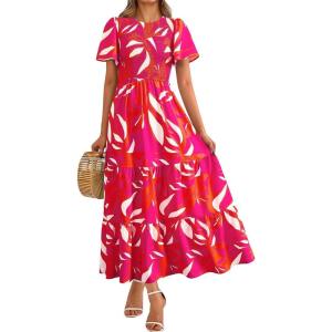 imagePRETTYGARDEN Womens 2025 Summer Casual Flutter Short Sleeve Boho Floral Maxi Dress Crew Neck Smocked Tiered Long DressesFloral Rose Red
