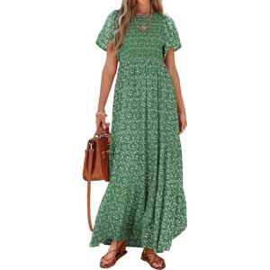 imagePRETTYGARDEN Womens 2025 Summer Casual Flutter Short Sleeve Boho Floral Maxi Dress Crew Neck Smocked Tiered Long DressesGreen