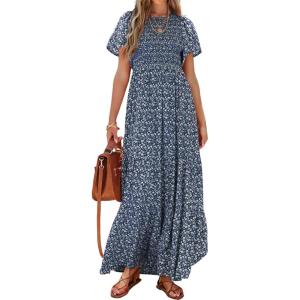 imagePRETTYGARDEN Womens 2025 Summer Casual Flutter Short Sleeve Boho Floral Maxi Dress Crew Neck Smocked Tiered Long DressesNavy