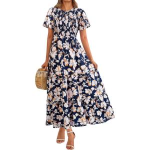 imagePRETTYGARDEN Womens 2025 Summer Casual Flutter Short Sleeve Boho Floral Maxi Dress Crew Neck Smocked Tiered Long DressesNavy White Flower