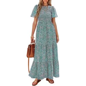 imagePRETTYGARDEN Womens 2025 Summer Casual Flutter Short Sleeve Boho Floral Maxi Dress Crew Neck Smocked Tiered Long DressesOlive Green