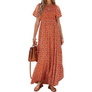 imagePRETTYGARDEN Womens 2025 Summer Casual Flutter Short Sleeve Boho Floral Maxi Dress Crew Neck Smocked Tiered Long DressesOrange